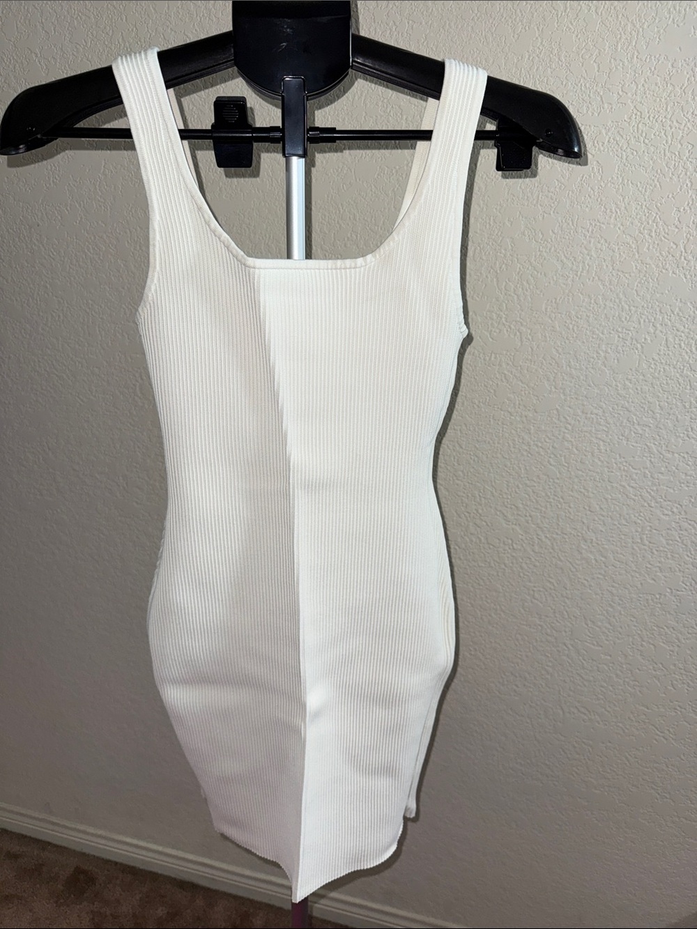 Babaton White Ribbed Square-Neck Mini Dress